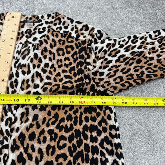 Tahari Leopard Button Down Blouse Women Medium Brown Collarless Long Sleeve NWOT - Picture 11 of 13